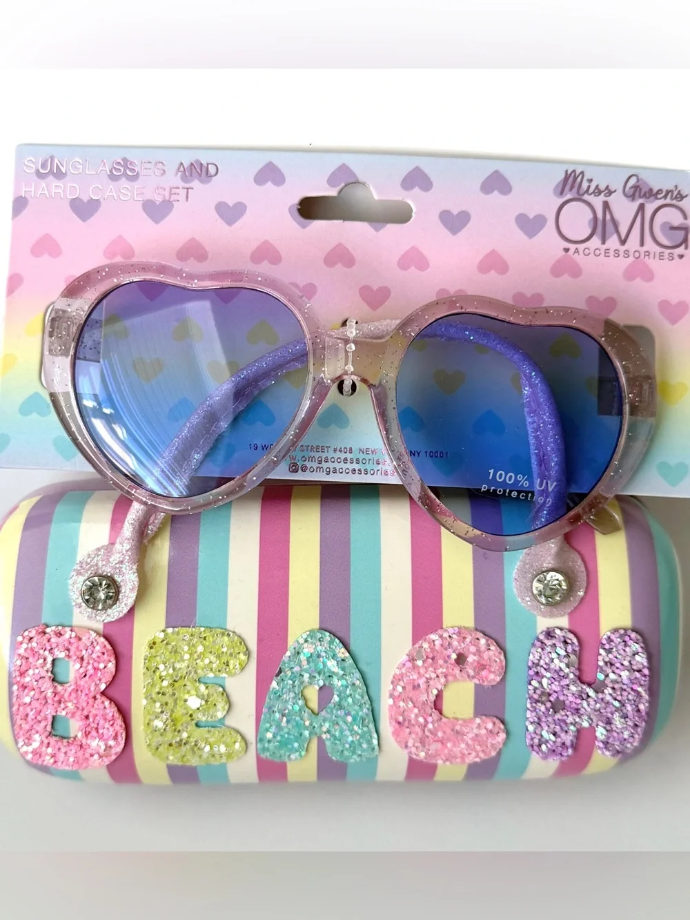 NWT OMG Accessories Kids’ Heart Sunglasses w/ Striped “BEACH” Hard Case
